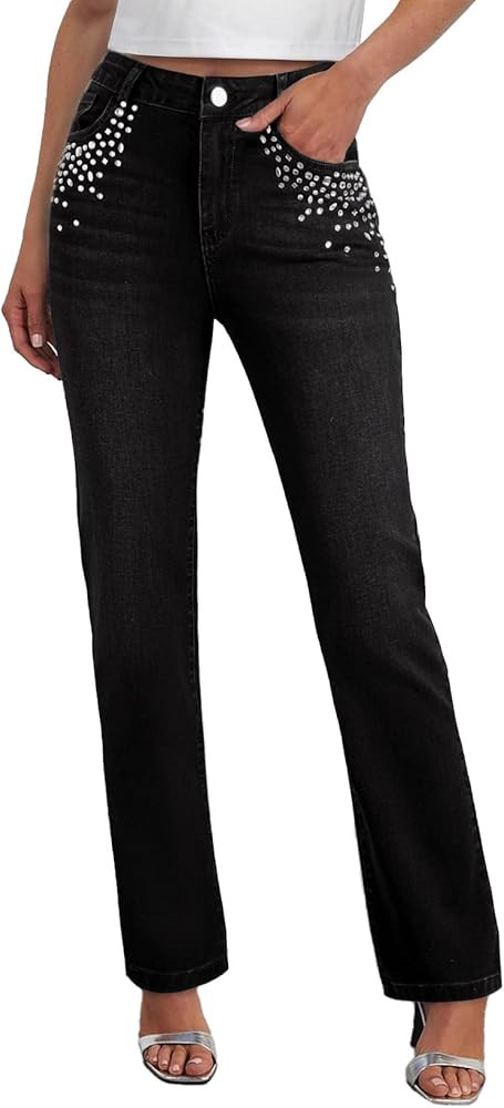 Sidefeel Women's Straight Leg Jeans High Waisted Stretchy Rhinestone Wide Leg Denim Pants | Amazon (US)