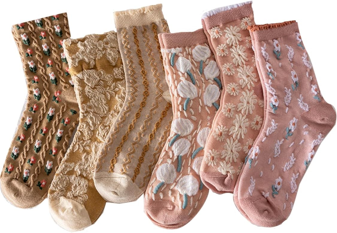 MeganJDesigns Floral Socks Set of 6 Pairs Pack Women 6Pieces Cute Flower Geometric 3D Textured 6Pcs  | Amazon (US)
