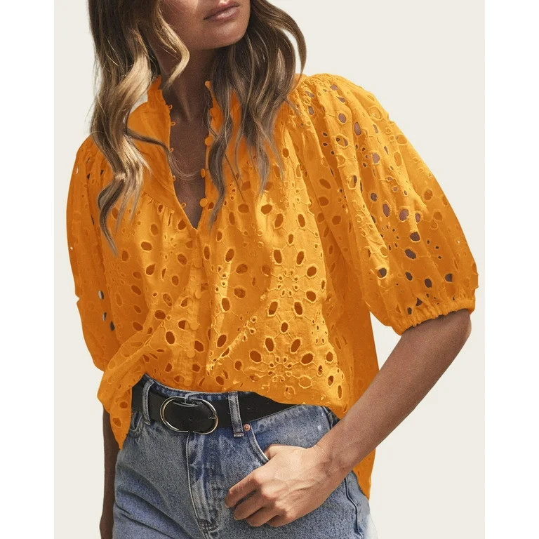 PRETTYGARDEN Women's Summer Tops Dressy Casual Short Lantern Sleeve V Neck Buttons Hollow Out Lac... | Walmart (US)