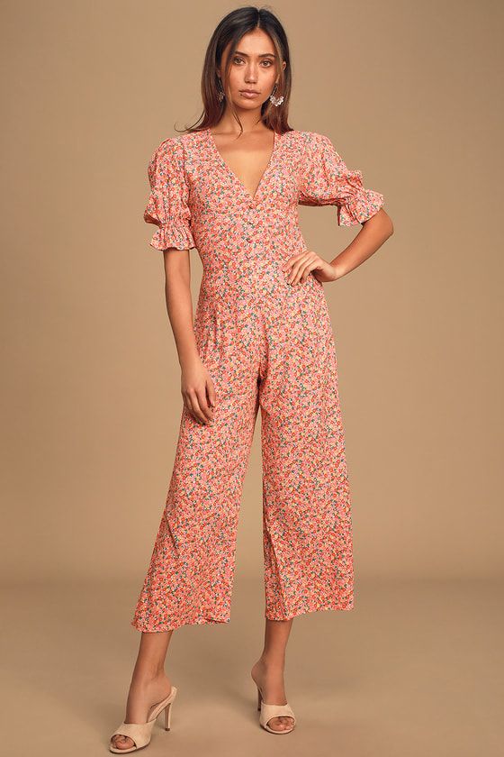 Anka Coral Pink Floral Print Puff Sleeve Wide-Leg Jumpsuit | Lulus