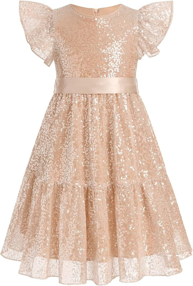 IBTOM CASTLE Flower Girl Sequins Dress Toddlers Flutter Sleeve Birthdat Party Dress with Belt Bri... | Amazon (US)