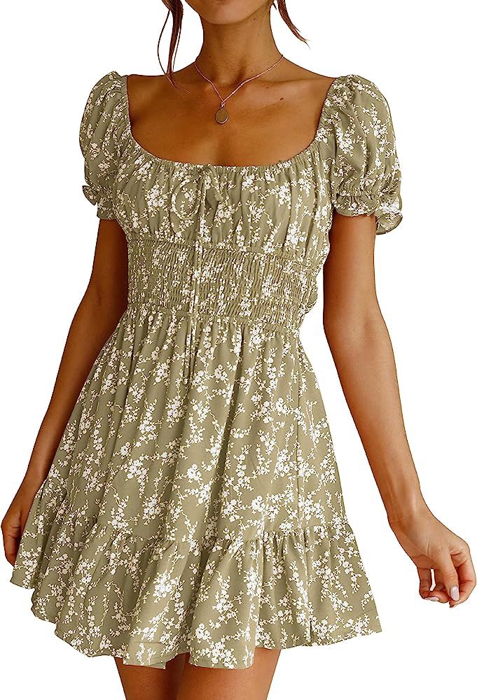 Imily Bela Womens Summer Dress Puff Sleeve Smocked Floral Print Ruffle Swing Mini Dress | Amazon (US)