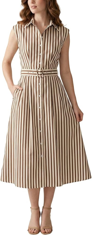 Women's Casual Cap Sleeve Stripe Belted Button Down Midi Shirt Dress with Pockets | Amazon (US)