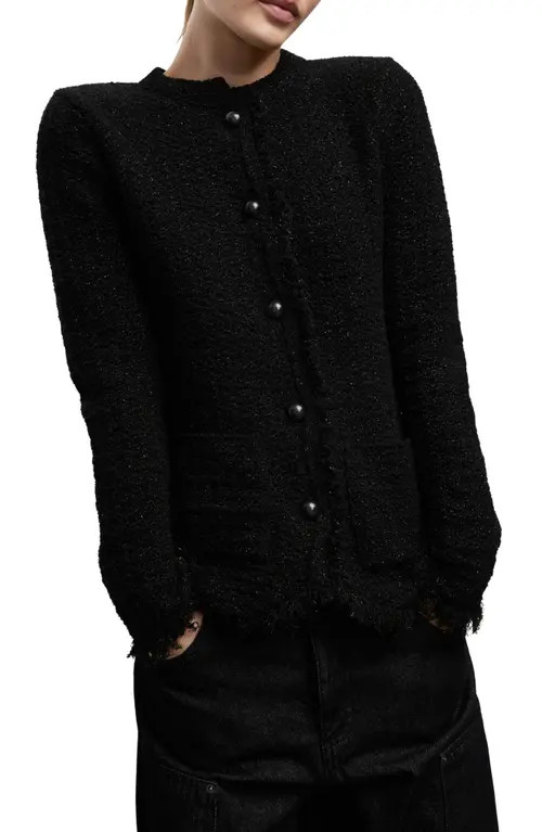 MANGO Frayed Metallic Tweed Cardigan in Black at Nordstrom, Size Medium | Nordstrom