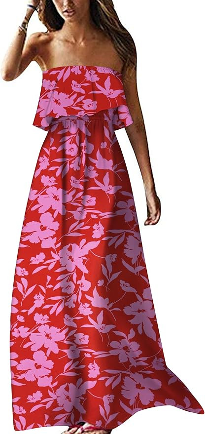 ZMPSIISA Women's Summer Off The Shoulder Maxi Dress Ruffle Strapless Blue White Porcelain Boho Ca... | Amazon (US)