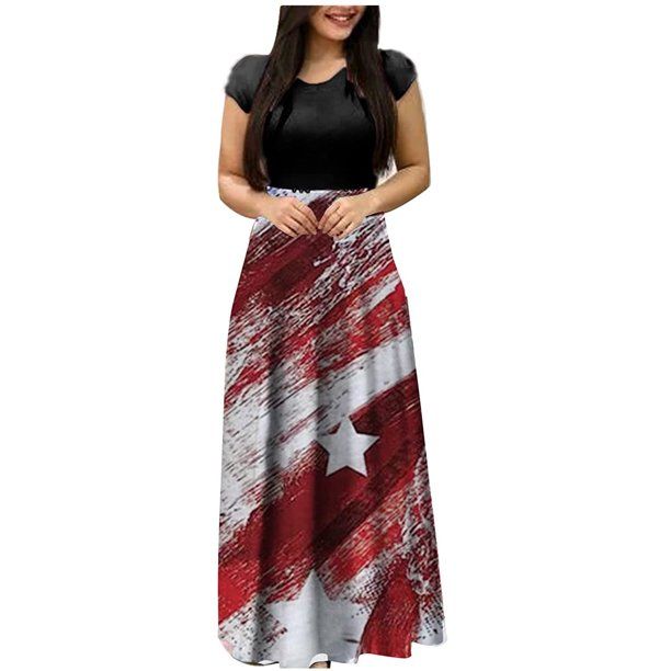 Usupdd 4th of July Dress Women Plus Size American Flag Maxi Dress Short Sleeve Round Neck Dress S... | Walmart (US)