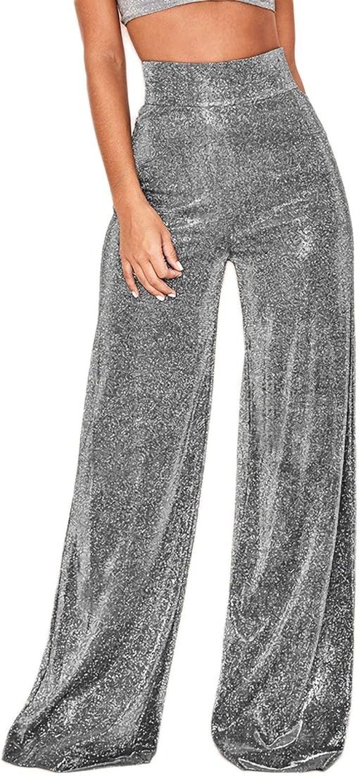 Velius Women's Sexy Metallic Sparkly Wide Leg Pants Trousers Clubwear | Amazon (US)