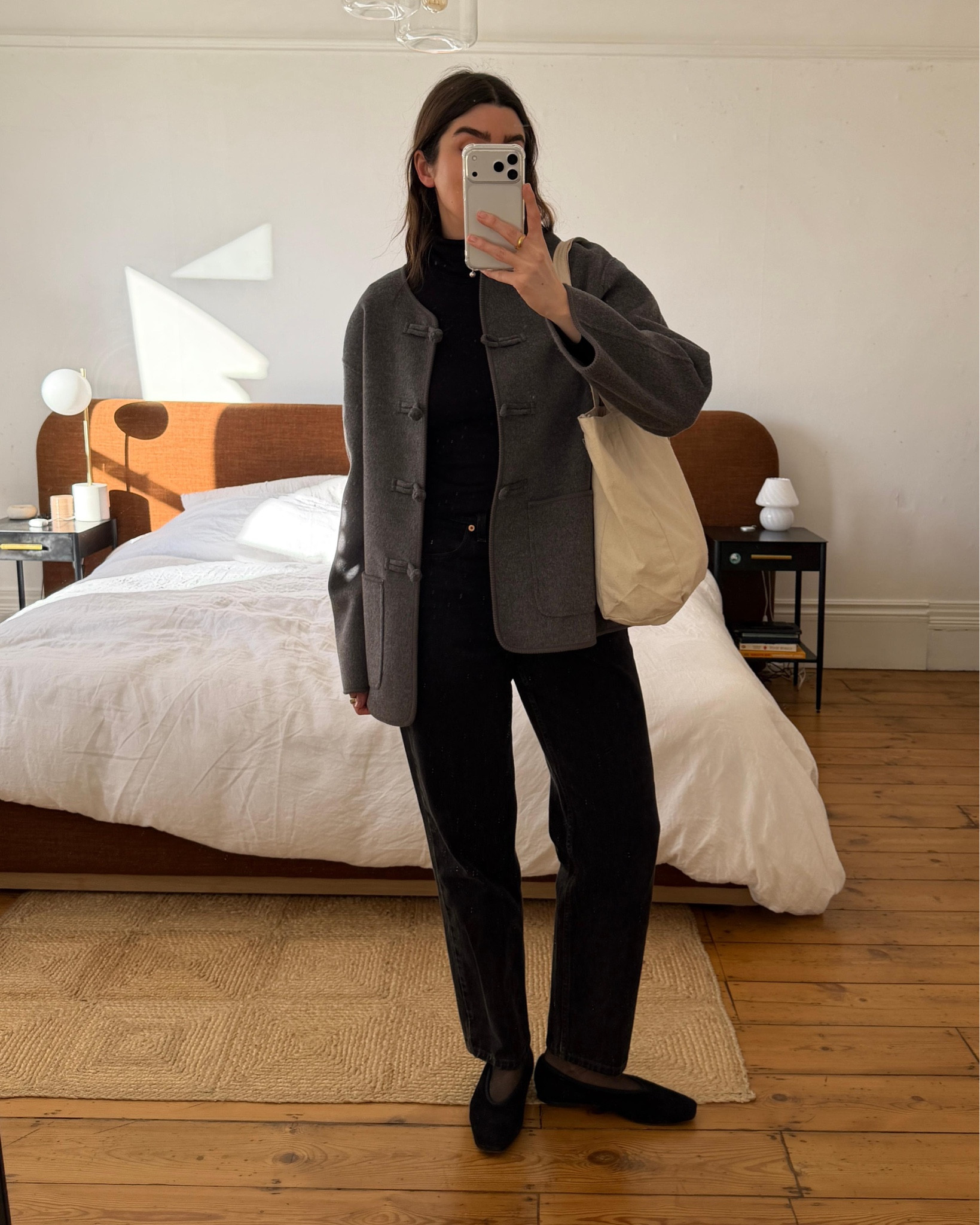 Rohe grey jacket, Flore Flore black roll neck, SLVRLAKE black denim jeans, ballet flats 

#LTKspring #LTKstyletip