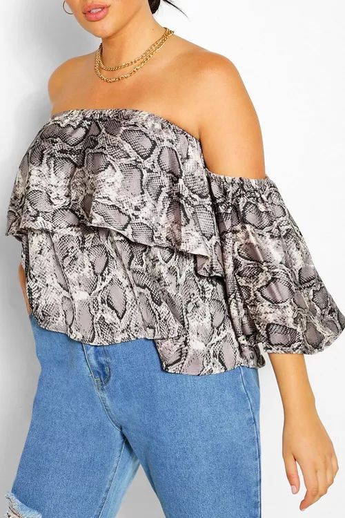 Grey Plus Snake Print Bardot Top | Boohoo.com (UK & IE)