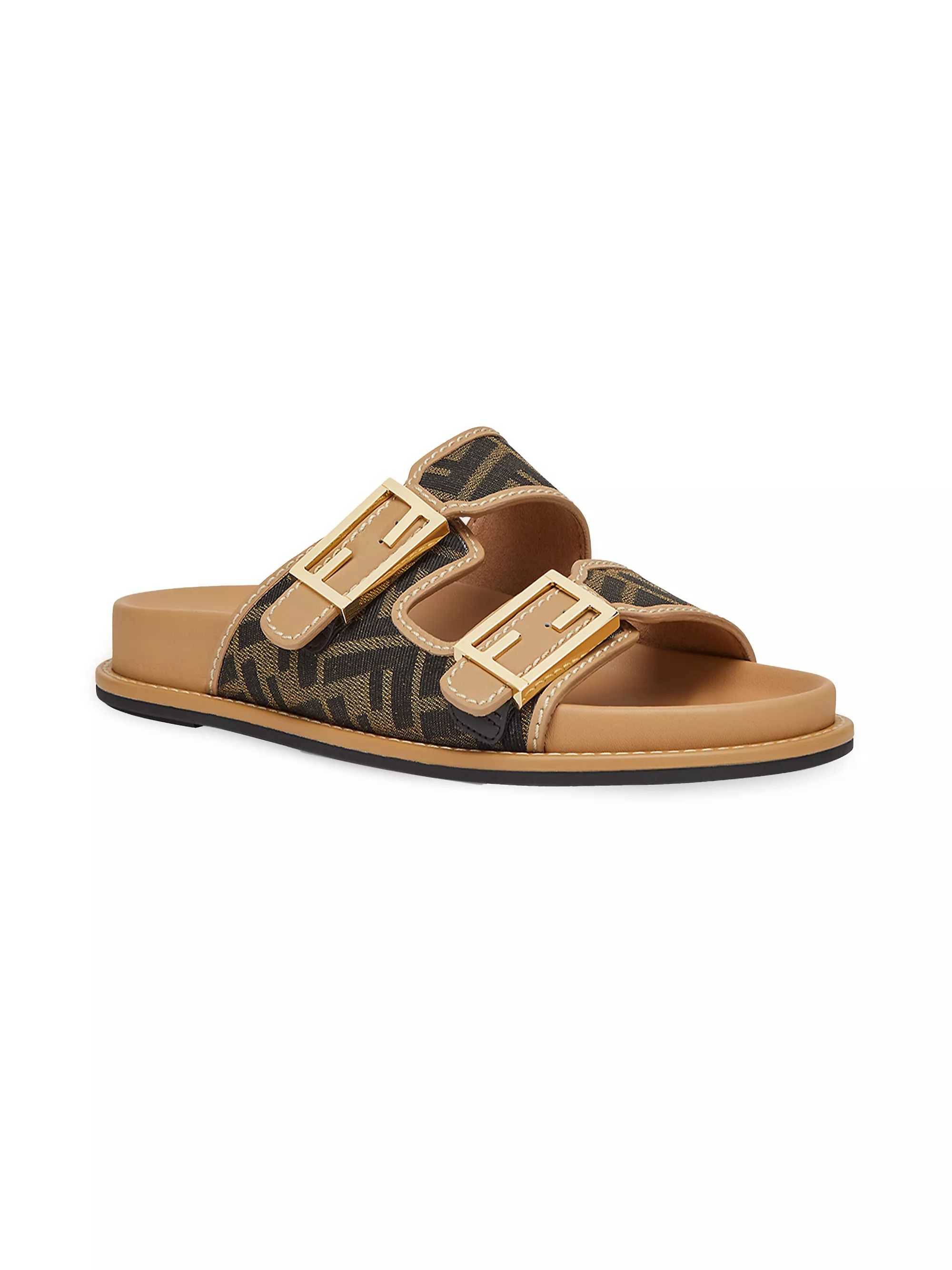 Shop Fendi Logo Canvas Flat Sandals | Saks Fifth Avenue | Saks Fifth Avenue