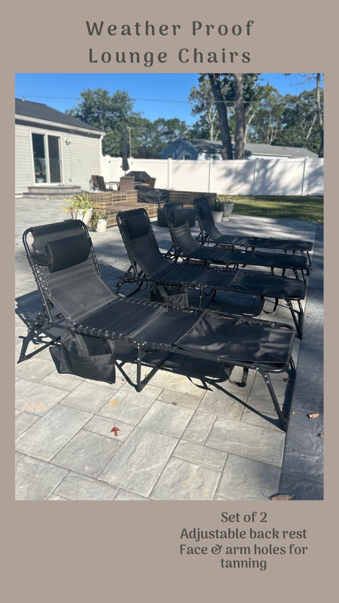 Weather proof adjustable outdoor lounge chairs. Foldable for easy storage. Arm and head holes for tanning. Holds up to 300 lbs. Set of two. Available in black and grey. 

#LTKHome #LTKSeasonal