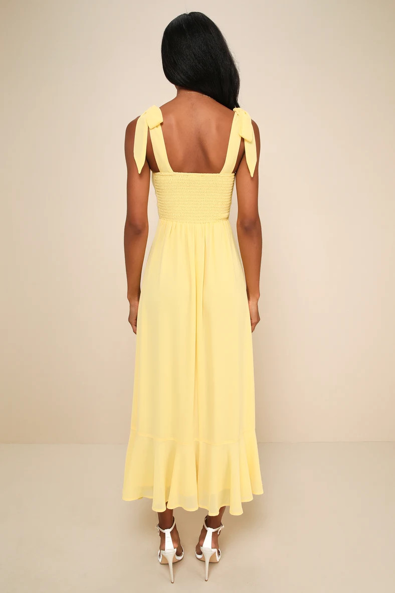 Summer Invite Yellow Tie-Strap Tiered Midi Dress | Lulus