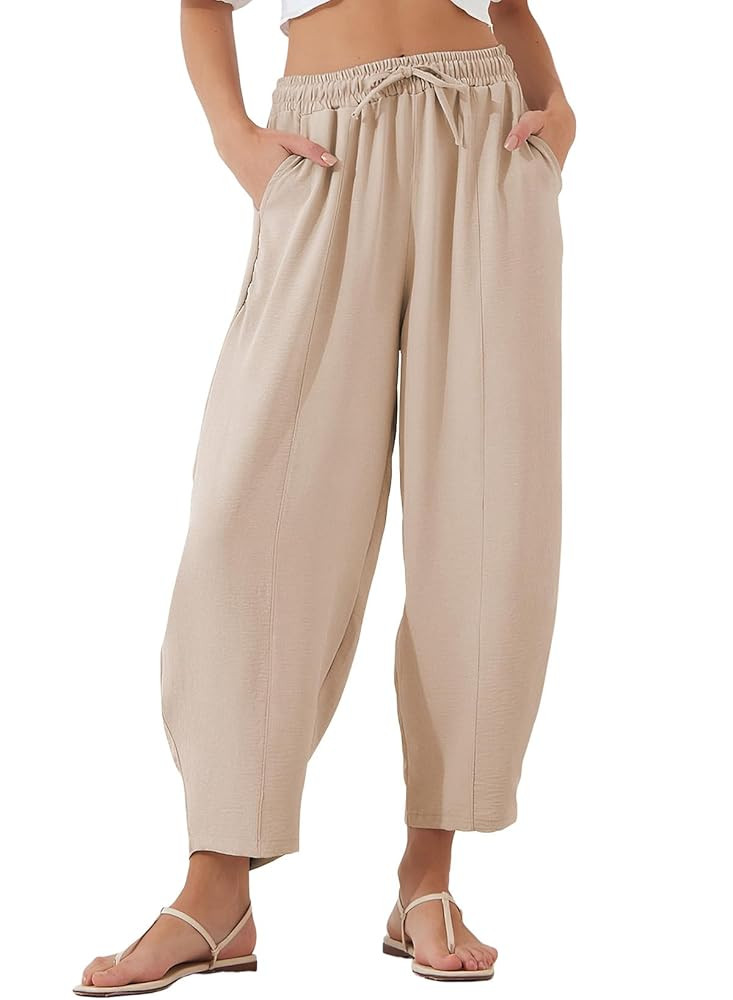 EVALESS Women's Summer High Waisted Baggy Pants Casual Ankle Length Trouser Slacks with Pockets | Amazon (US)