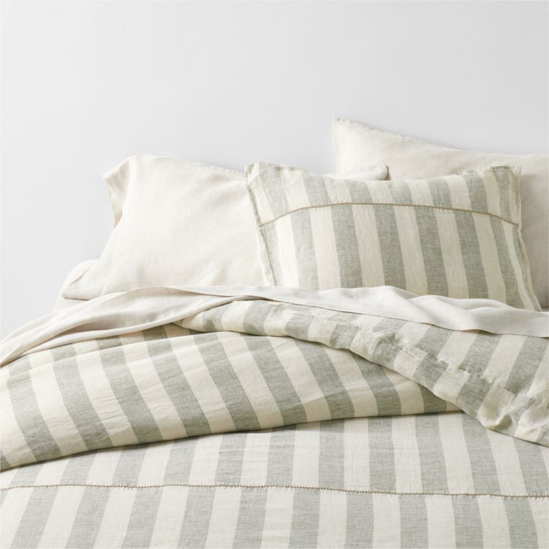 New Natural EUROPEAN FLAX -certified Linen Cabana Stripe Arcadia Tan/Burnt Green King Duvet Cover... | Crate & Barrel