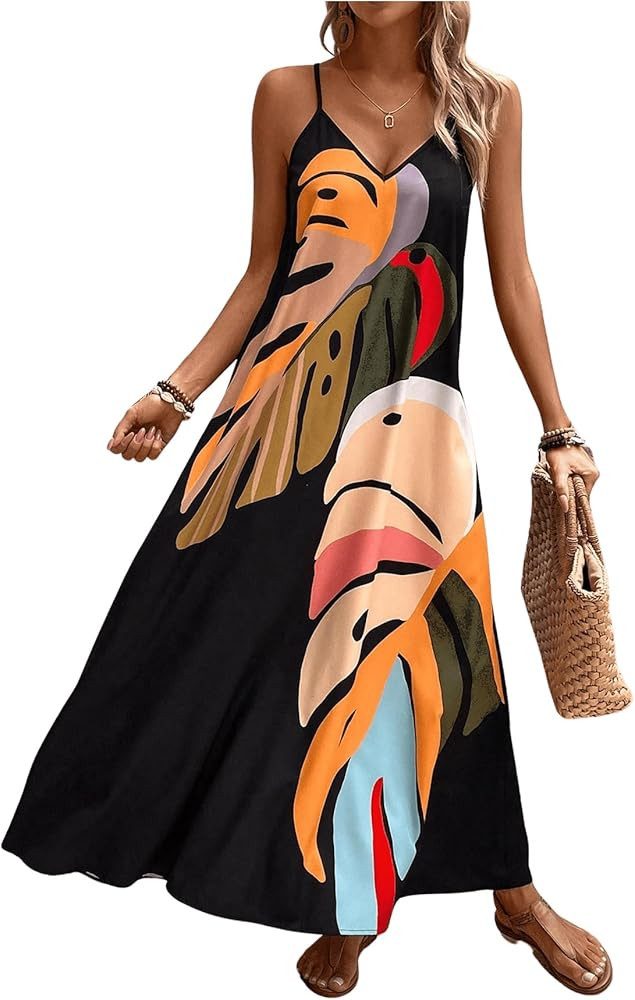 GORGLITTER Women's Sleeveless V Neck Oversized Maxi Long Dress Boho Bump Friendly Graphic Casual ... | Amazon (US)