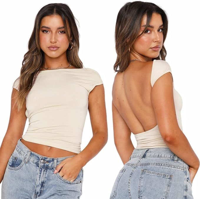 Arkim Top Dos Nu Femme [Matériaux Améliorés] Y2K Backless Top T-Shirts, Sexy Haut Dos Nu Tops ... | Amazon (FR)
