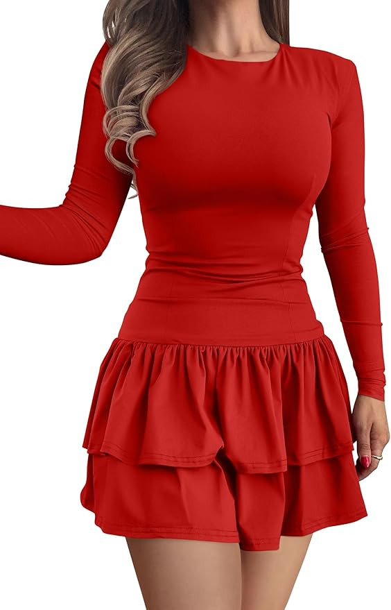GOKATOSAU Women's Casual Long Sleeve Round Neck Bodycon Layered Tiered Ruffle Hem Mini Dress | Amazon (US)