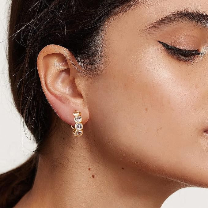 MTMY Huggie Hoop Earrings 14K Gold Plated Cubic Zirconia Dainty Simple Cute Beads Elegant CZ Circ... | Amazon (US)