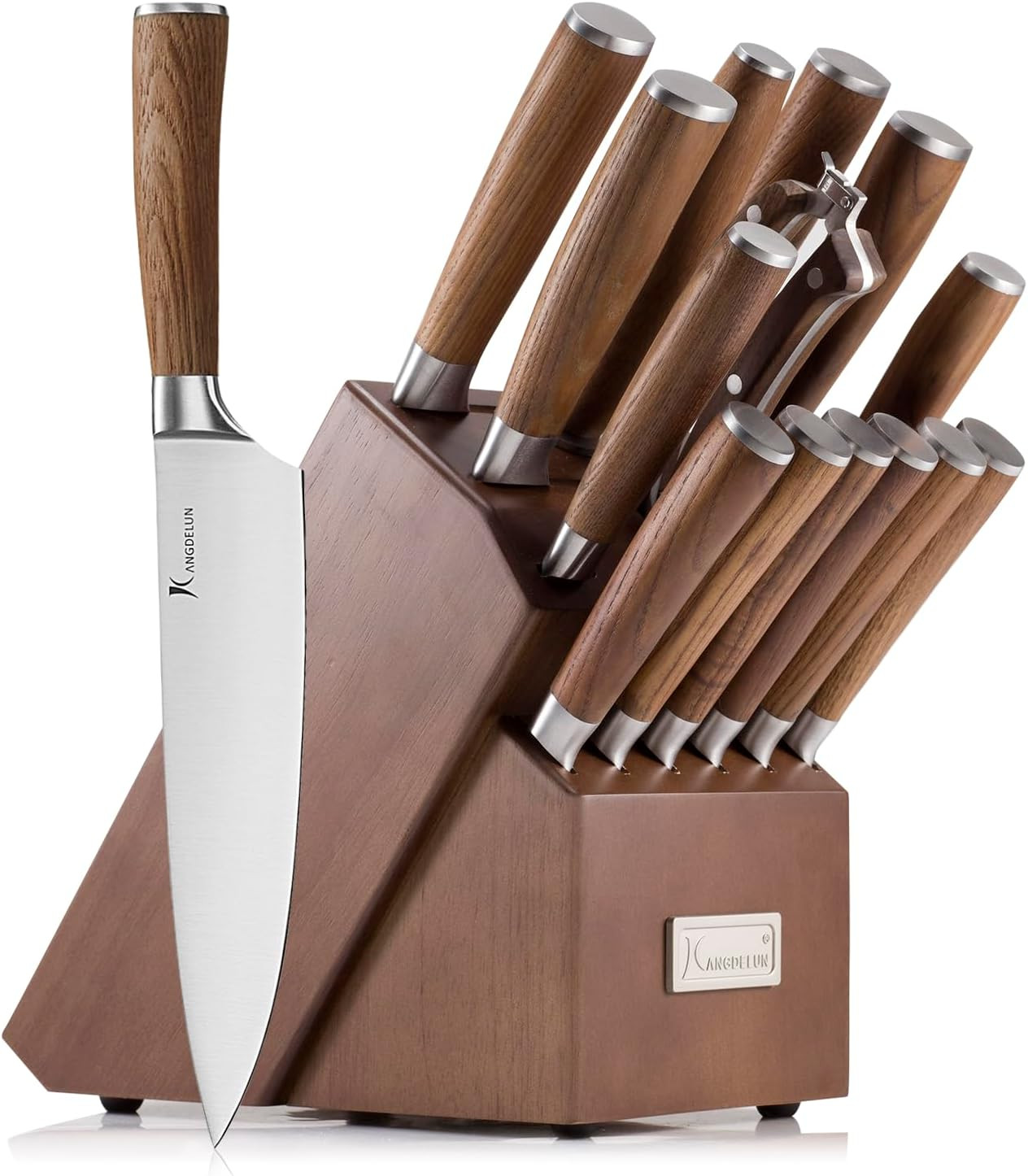 15-Piece Kitchen Knife Set with Block & Sharpening Steel, Ultra Sharp 50Cr15MoV High Carbon Stainless Steel, Brown Ash Wood Handle, Dark Brown Block, 6 Steak Knives, Chef Knife & Shears | Amazon (US)