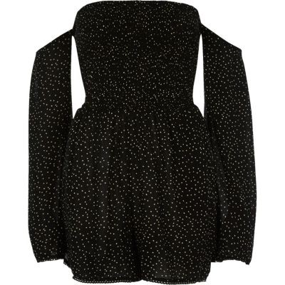 River Island Womens Black polka dot print bardot playsuit | River Island (UK & IE)