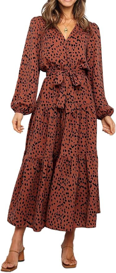 PRETTYGARDEN Women's Boho Long Sleeve V Neck Leopard Print Ruffle Tiered Maxi Dress Tie Waist Chi... | Amazon (US)