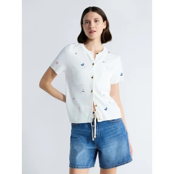 Free Assembly Women's and Women's Plus Embroidered Cardigan Sweater with Short Sleeves, Sizes XS-... | Walmart (US)