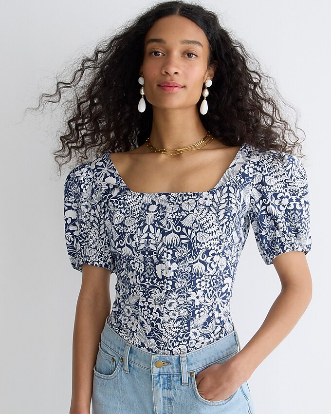 Puff-sleeve cotton poplin squareneck top in mermaid floral | J. Crew US
