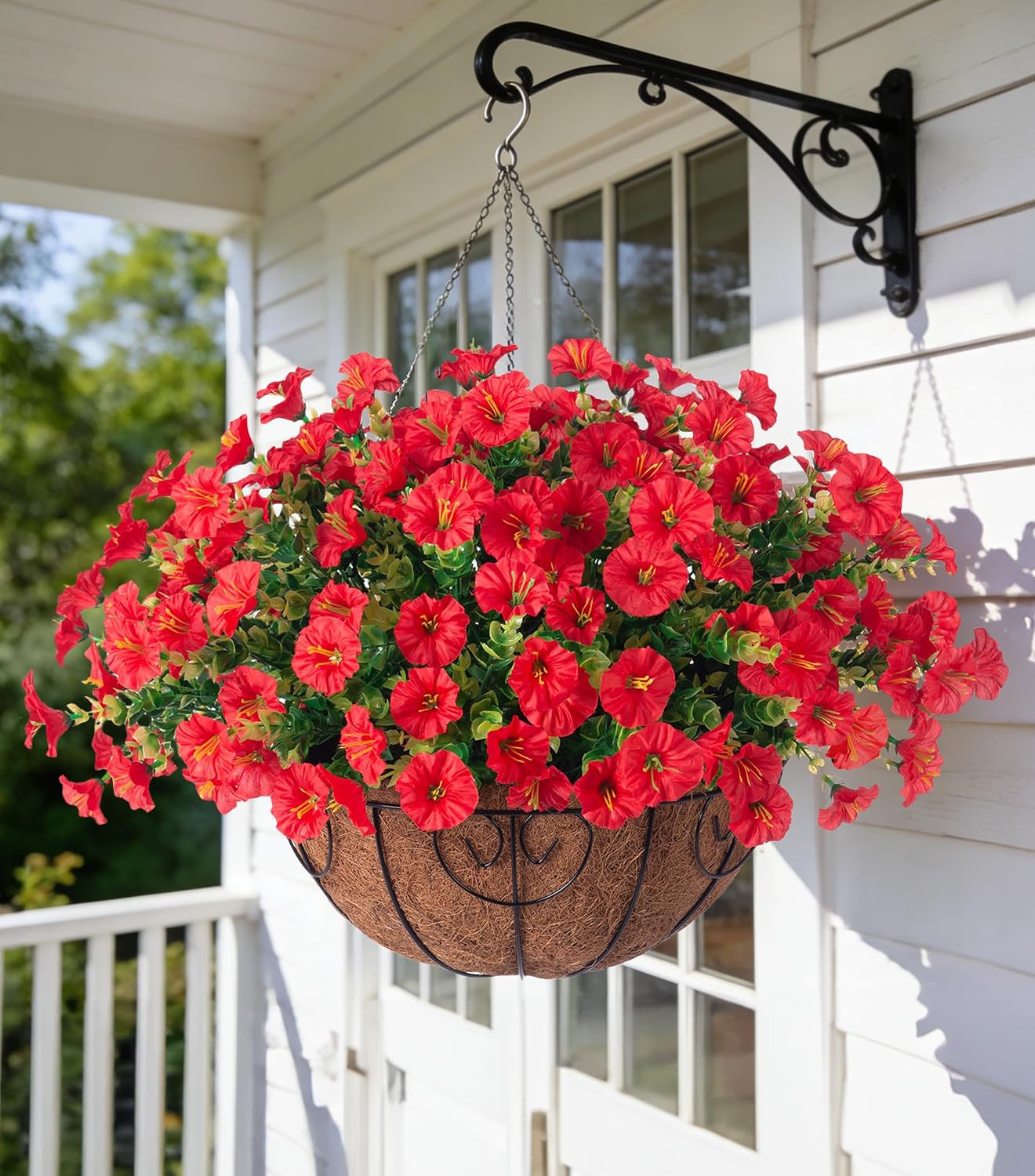 Artificial Faux Hanging Flowers Plants Baskets for Outdoors Outside Spring Decoration, Fake Silk Red Morning Glory UV Resistant Look Real for Front Door Porch Patio Balcony Yard Garden Home | Amazon (US)