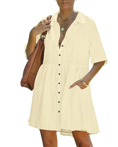 PYGFEMR Women's Summer Dress 2025 Short Sleeve Babydoll Tiered Button Down T Shirts Dresses with ... | Amazon (US)