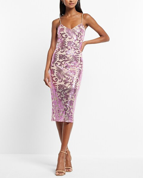 Printed Sequin Lace Up Back Midi Dress | Express