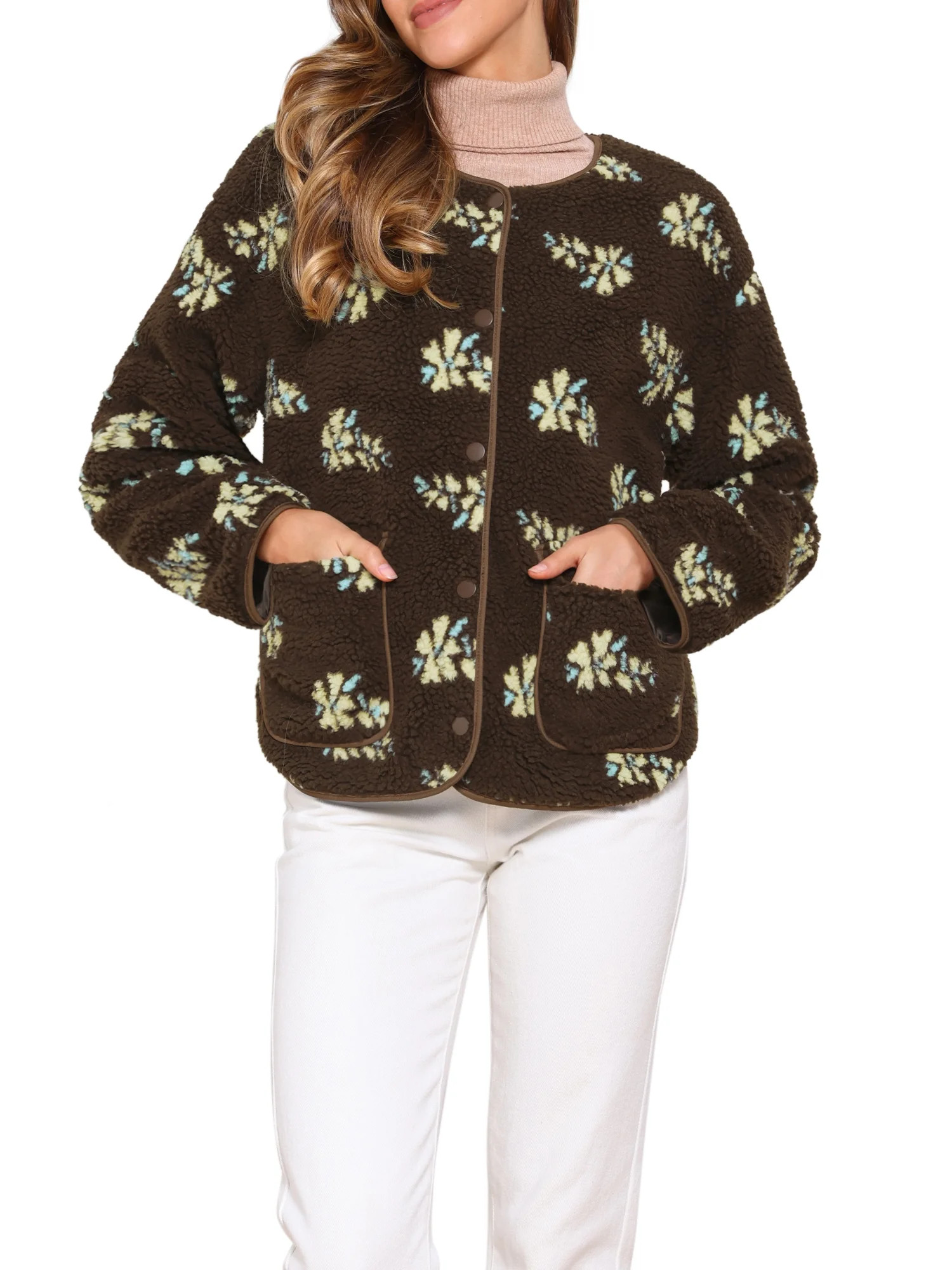 INSPIRE CHIC Fleece Jacket for Women's Vintage Floral Print Long Sleeve Winter Warm Outwear Colla... | Walmart (US)