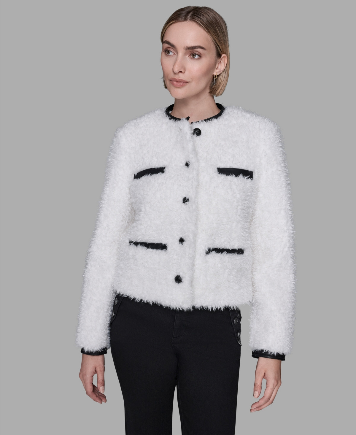 Karl Lagerfeld Paris Women's Crewneck Pocket Detail Jacket - Soft White | Macy's