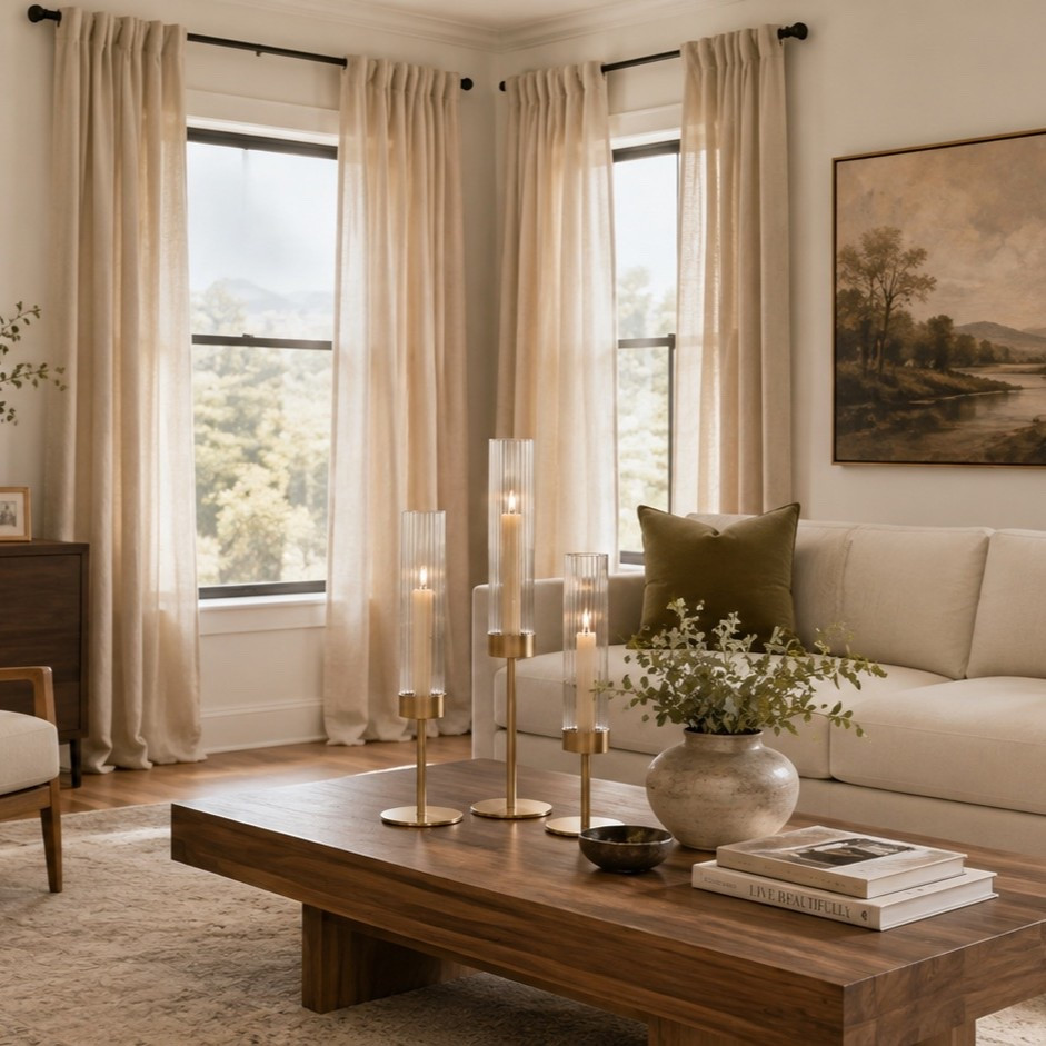 The easiest way to make a neutral living room feel warm instead of boring 🤎 These gold hurricane candle holders are SUCH a statement on the coffee table, and I love them paired with the vintage-inspired neutral rug, creamy linen-look curtains and rich olive velvet pillows. The mix of warm brass, soft texture and earthy color makes the whole room feel so much more expensive and collected. Linking all four!

gold hurricane candle holders, hurricane candle holders, brass candle holders, gold candle holders, glass candle holders, tall candle holders, decorative candle holders, coffee table decor, living room decor, living room inspiration, neutral living room, warm neutral living room, cozy living room, elevated living room, expensive looking home decor, designer look for less, Amazon home finds, Amazon home decor, Amazon decor finds, affordable home decor, luxury home decor, transitional home decor, traditional home decor, organic modern decor, warm home decor, neutral home decor, vintage inspired rug, neutral area rug, beige area rug, living room rug, distressed area rug, linen look curtains, linen curtains, neutral curtains, beige curtains, cream curtains, living room curtains, window treatments, olive green pillows, olive velvet pillows, velvet pillow covers, green accent pillows, throw pillow covers, neutral sofa decor, earthy home decor, brass home accents, gold home accents, coffee table styling, home styling ideas, Amazon living room finds

#LTKSaleAlert #LTKHome #LTKdayinmylife