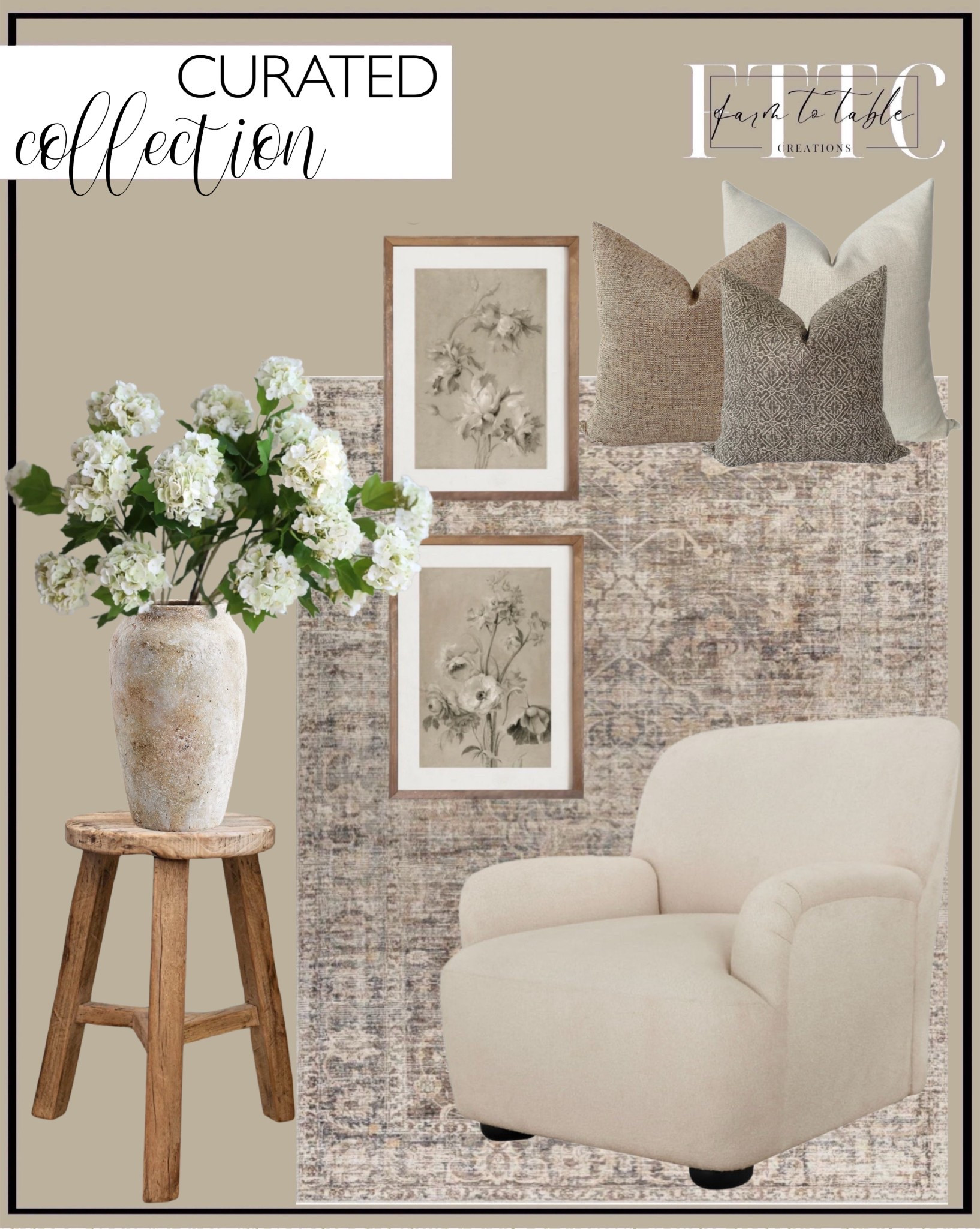 Curated Collection. Follow @farmtotablecreations on Instagram for more inspiration.

Becki Owens x Surya Marlene Vintage Dark Brown Area Rug. Serene Pillow Cover Set Hackner Home. Antique Neutral Floral Print SET of Two | Vintage Muted Art | Digital. Vintage Elm Wood Round Stool. Artisan Handcrafted Terracotta Vases. 25" Faux Snowball Flower in Cream/Green, Real Touch Flowers. Better Homes & Gardens Waylen Accent Chair, by Dave & Jenny Marrs



#LTKSaleAlert #LTKFindsUnder50 #LTKHome