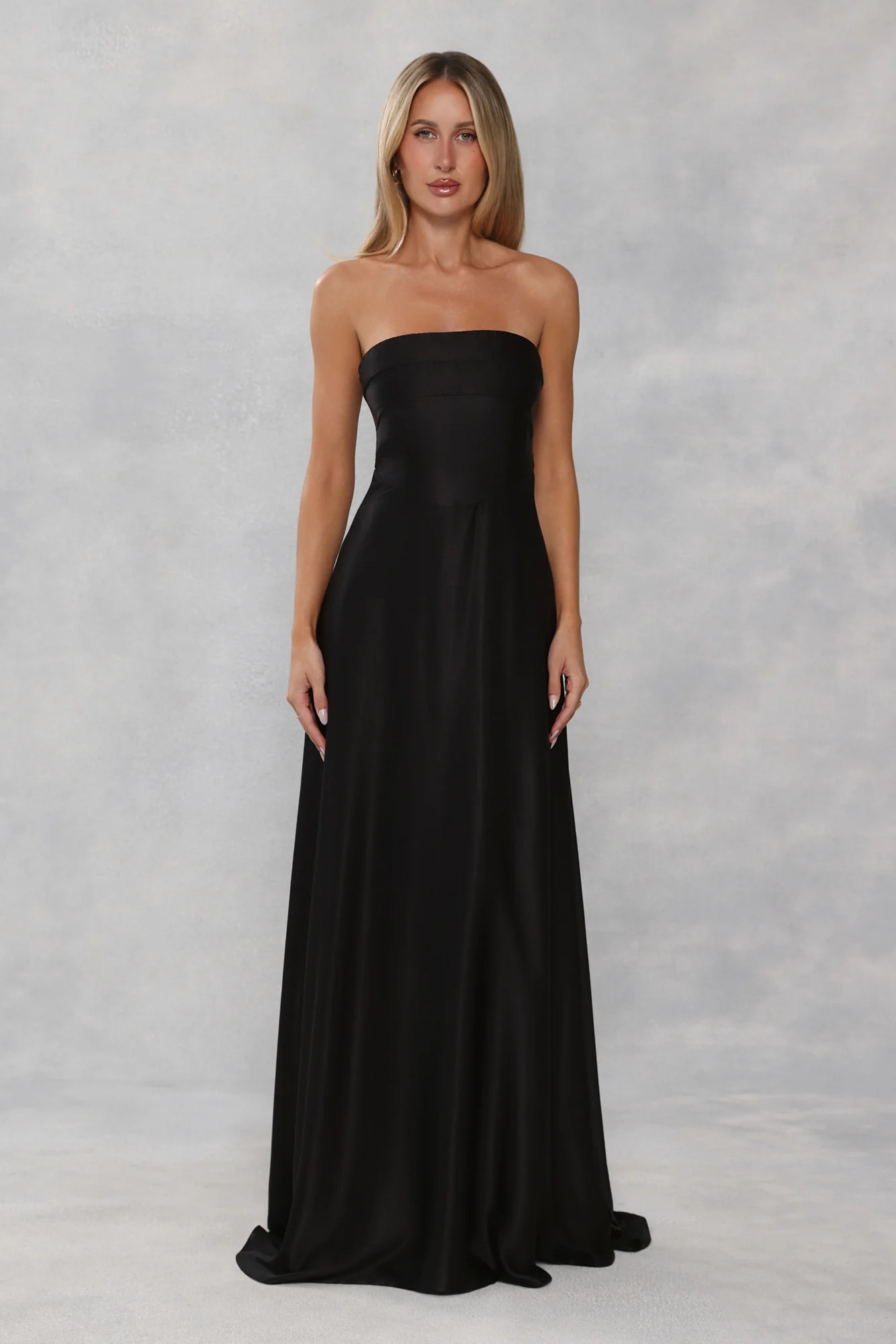 The Serina Strapless Satin Maxi Dress Black | Hello Molly (US)