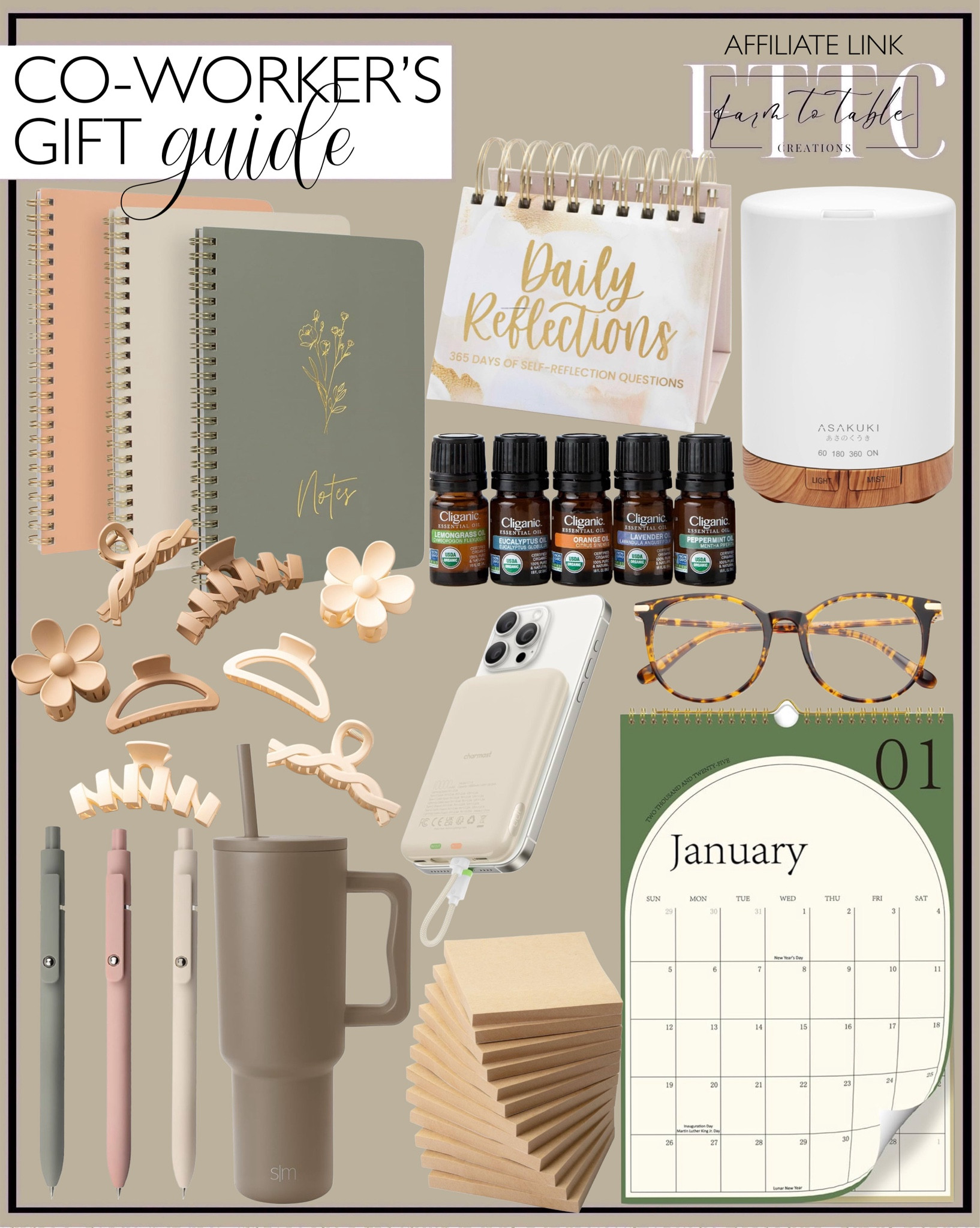 Co-Worker’s Gift Guide. Follow @farmtotablecreations on Instagram for more inspiration.

Blue Light Blocking Glasses. Spiral Notebook. Gel pen. Essential Oil Diffuser. Sticky Notes. Essential Oils. Wall Calendar. bloom daily planners Undated Perpetual Desk Easel Motivational Inspirational Standing Flip Calendar. Hair Clips. Simple Modern 40 oz Tumbler with Handle and Straw Lid | Insulated Cup Reusable Stainless Steel Water Bottle Travel Mug. Wired Portable Charger. 
  
Amazon Finds. Amazon Gifts. Gifts for Friend. Christmas gifts for co-worker. Holiday gifts. Stocking Stuffers. Gift Guide for boss. Women Christmas gifts. Gifts for women. Gifts for friends. 

#LTKWorkwear #LTKHoliday #LTKGiftGuide