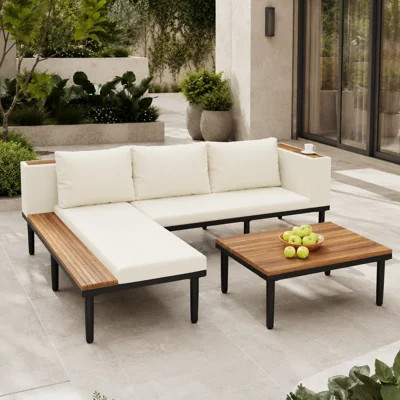 Beige L-Shaped Outdoor Patio Sectional Sofa Set with Coffee Table, Acacia Wood Accents and Iron Frame, Left Hand Facing Weather Resistant Cushioned Co | Wayfair North America