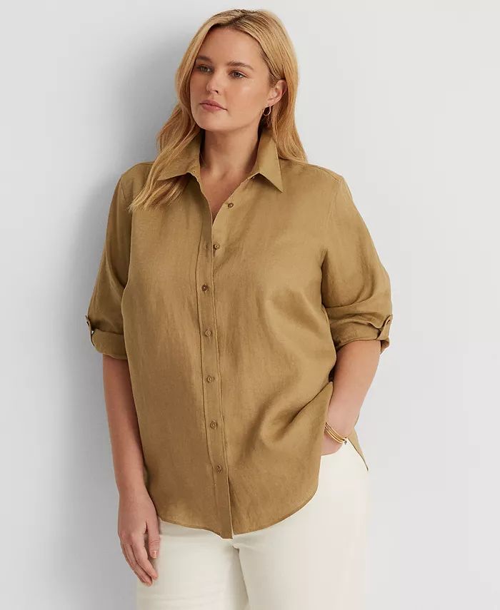 Lauren Ralph Lauren Plus Size Linen Roll-Tab Sleeve Top - Macy's | Macy's