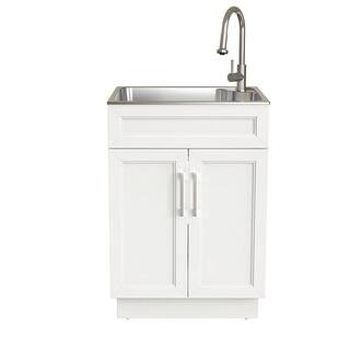 24 in. W x 21 in. D x 51 in. H Drop-In Stainless Steel Laundry Sink with Faucet and Cabinet in Wh... | The Home Depot