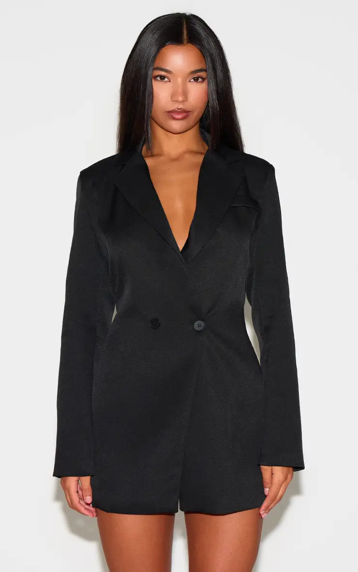 Black Woven Double Breasted Cinched Waist Blazer Dress | PrettyLittleThing UK