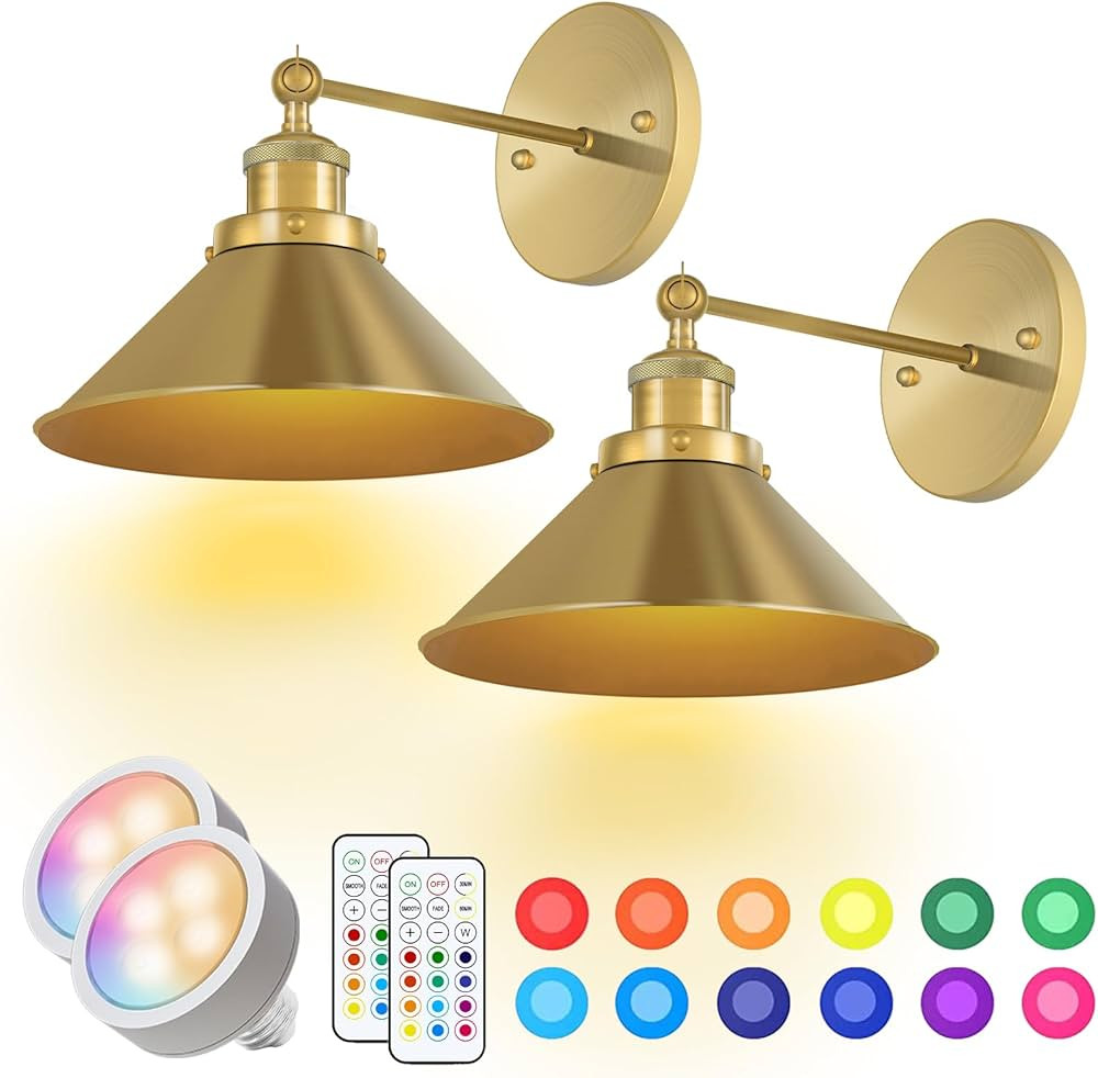 LUMIMAN Gold Wall Sconce Battery Operated Set of 2, Vintage Wall Lights Wireless, 270°Rotate Hea... | Amazon (US)