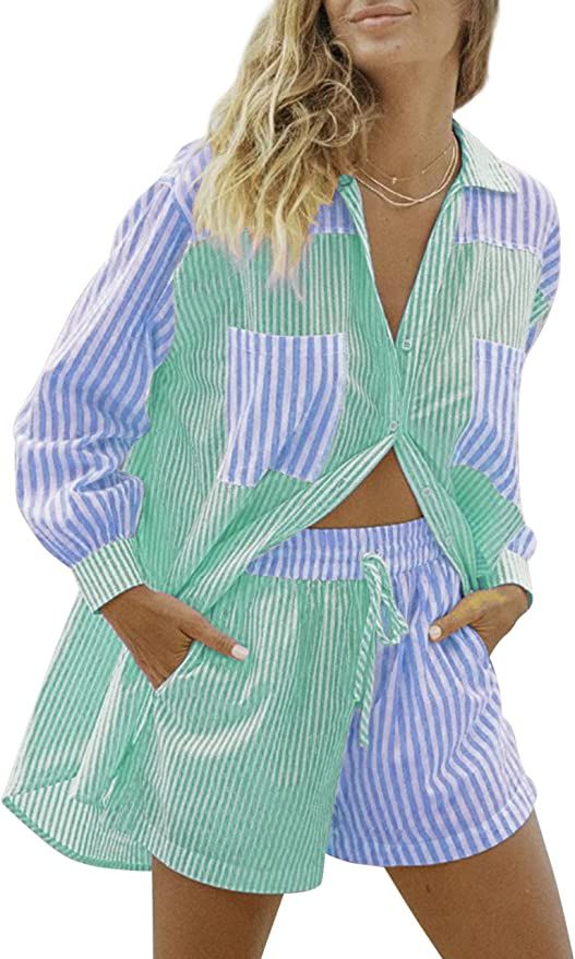 SAFRISIOR Women Casual 2 Pieces Loungewear Loose Tracksuit Button Down Long Sleeve Shirt And Elas... | Amazon (US)
