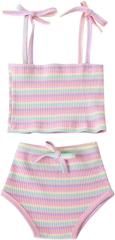 Newborn Toddler Baby Girls Summer Clothes Set Rainbow Outfits Sleeveless Halter Tank Top Striped Sho | Amazon (US)