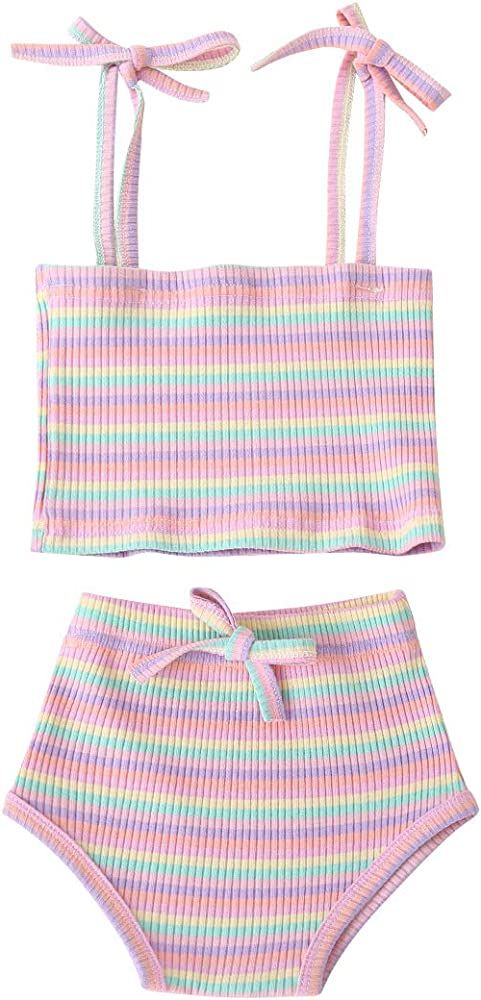 Newborn Toddler Baby Girls Summer Clothes Set Rainbow Outfits Sleeveless Halter Tank Top Striped ... | Amazon (US)
