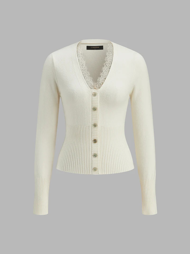 Lace Trim V-Neck Knit Cardigan | Commense