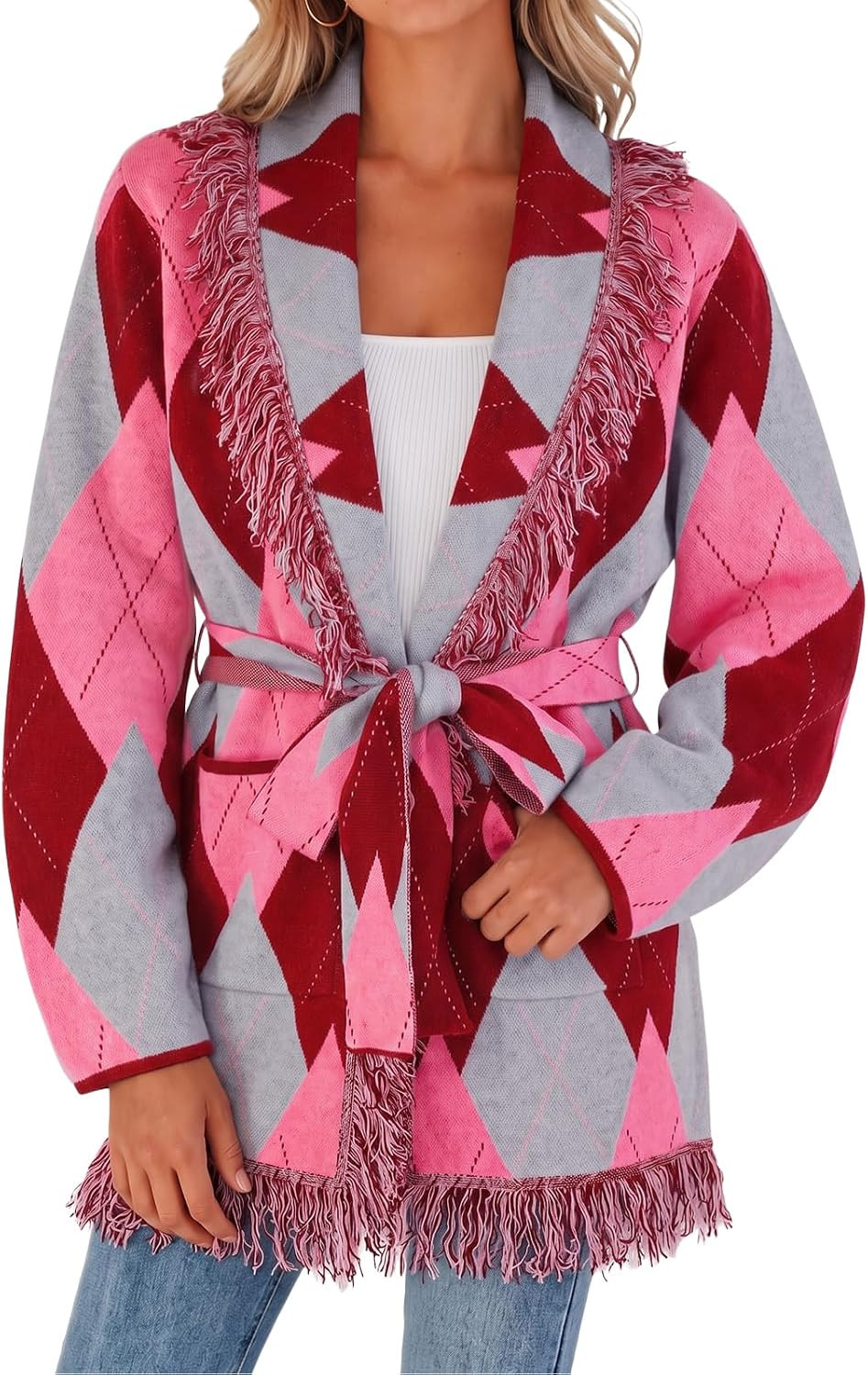 Cicy Bell Women Open Front Cardigans Fringe Argyle Shawl Wrapped Sweaters | Amazon (US)