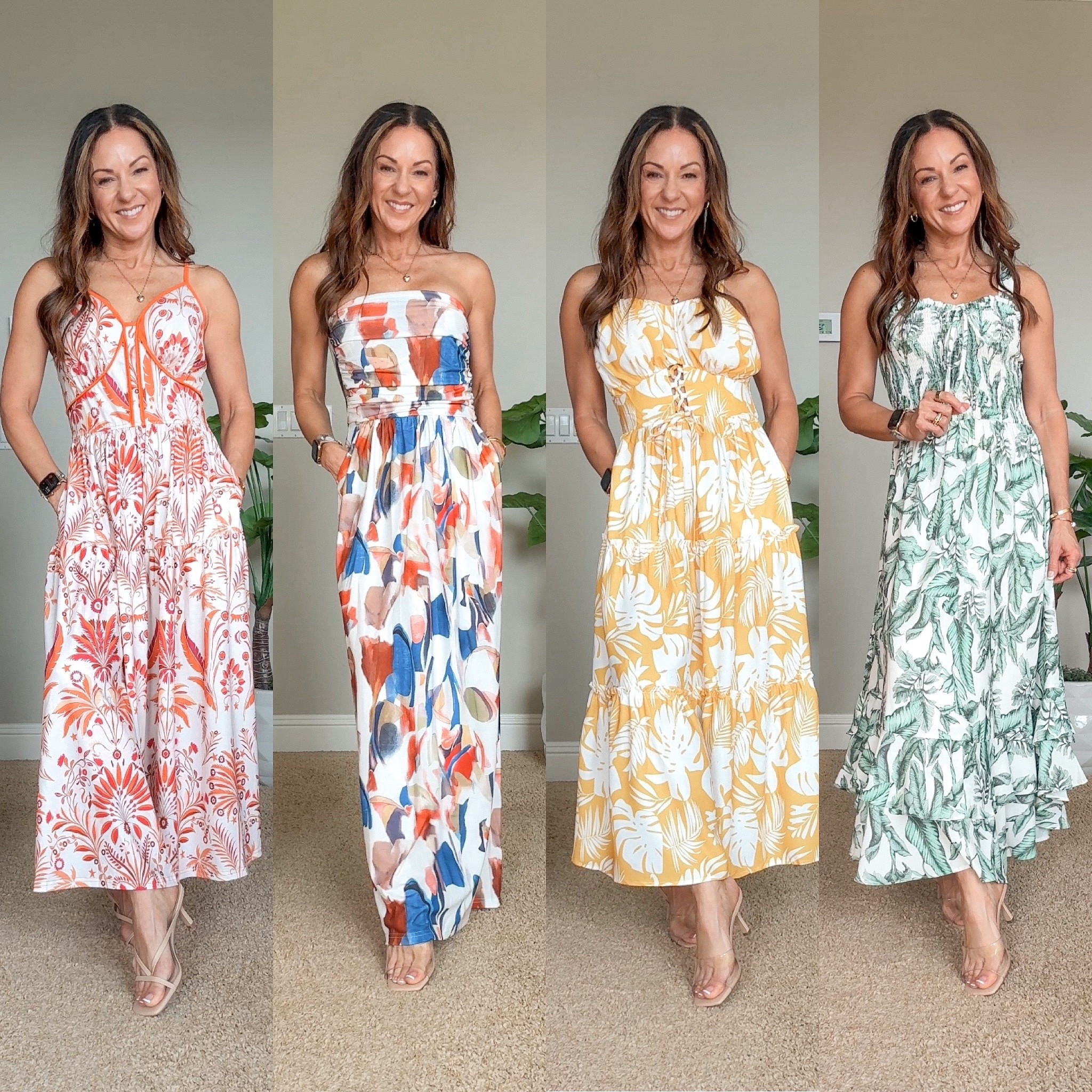 Summer maxi dresses. All size small. clear heels & neutral strappy heels TTS, favorite strapless bra and nip covers, wedding, baby shower, tea party, vacation, resort, bridal shower. 

#LTKOver40 #LTKPetite #LTKSaleAlert