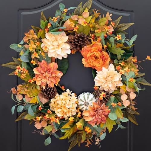 Fall Wreaths for Front Door Outside-24 Inch Autumn Wreath with Dahlia Flowers, Pumpkins, Pinecones, and Eucalyptus Leaves Large Fall Wreath for Thanksgiving, Halloween, Indoor Outdoor Door | Amazon (US)
