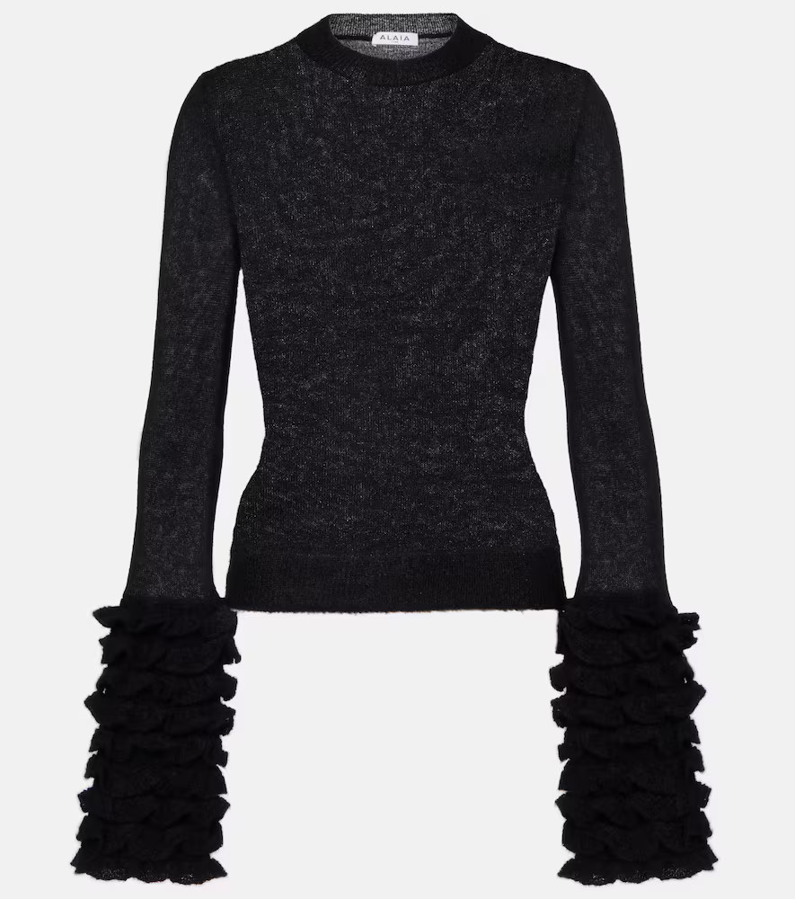 AlaÃ¯a Ruffled sheer mohair-blend top | Mytheresa (US/CA)