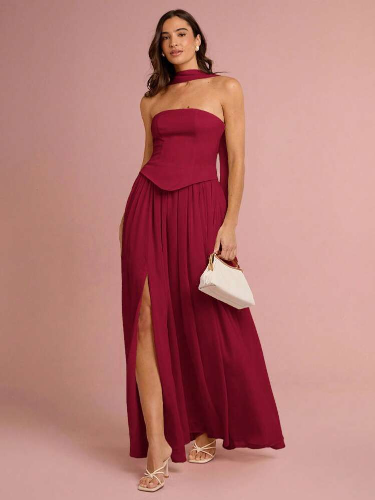 Enchnt Women's Solid Color Minimalist Casual Split Hem Dress,Wedding Guest Dress | SHEIN